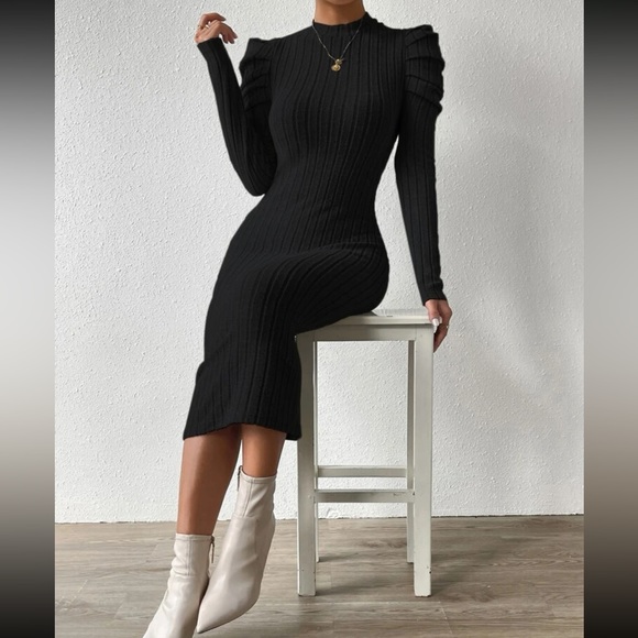 Elegant Mock Neck Puff Long Sleeve Ribbed Knit Bodycon Dress - Picture 16 of 16